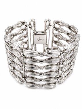 Vintage Signed Coro Silver Tone Wide Panel Bracelet Mid Century Ribbed Link